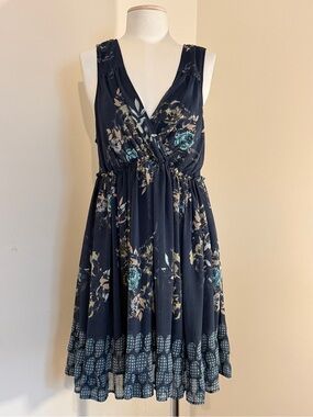 Free People Navy Floral V-Neck Midi Dress with Teal Accents